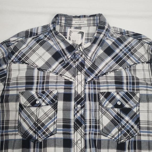 BKE Men's Slim Fit Stretch Blue/Gray Plaid Snap Front Long Sleeve Shirt X-Large - Picture 5 of 12